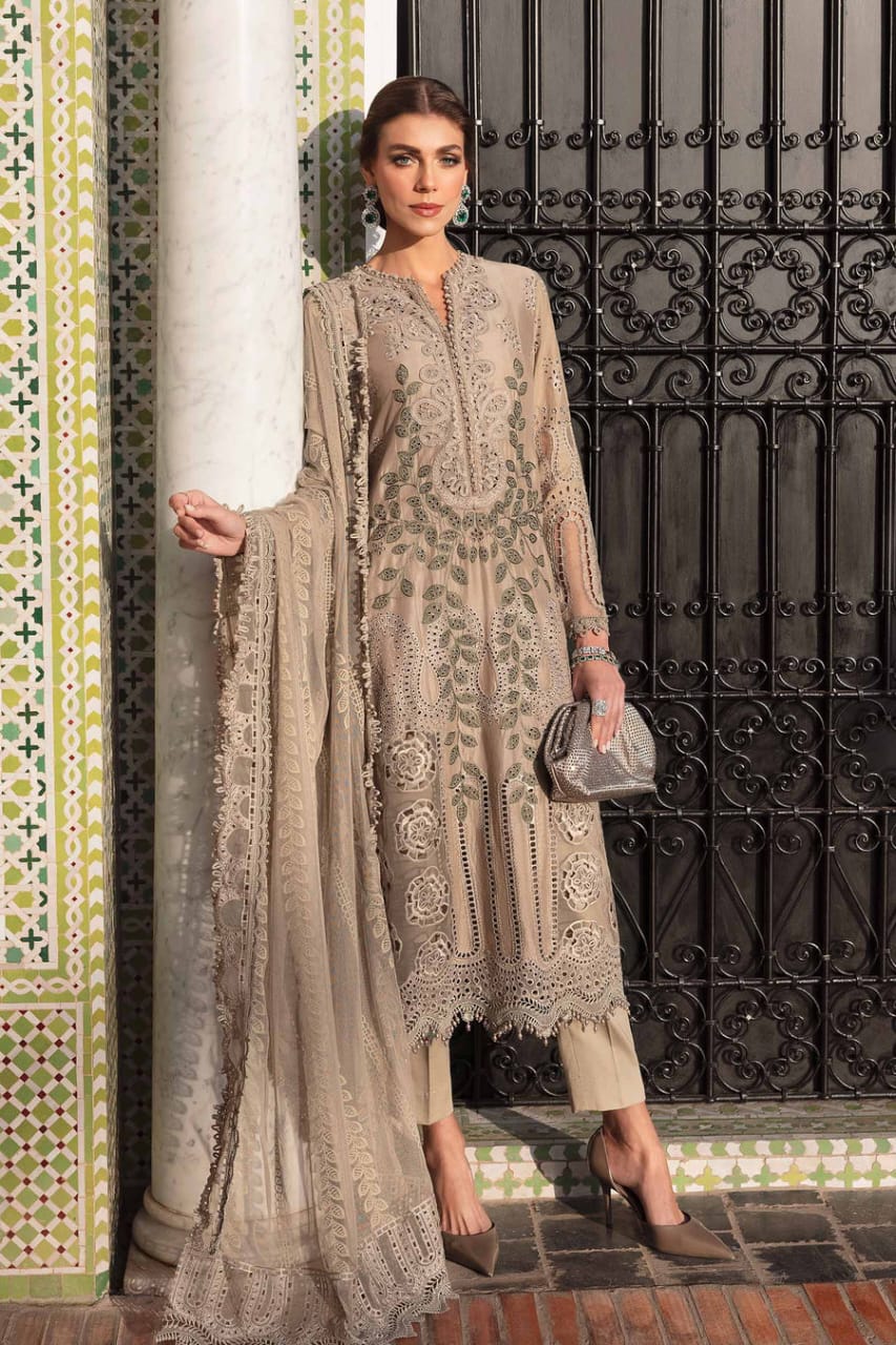 MB-2665 Lawn Unstitched Chiken Kari 3pc Suit With Organza Embroidered Dupatta
