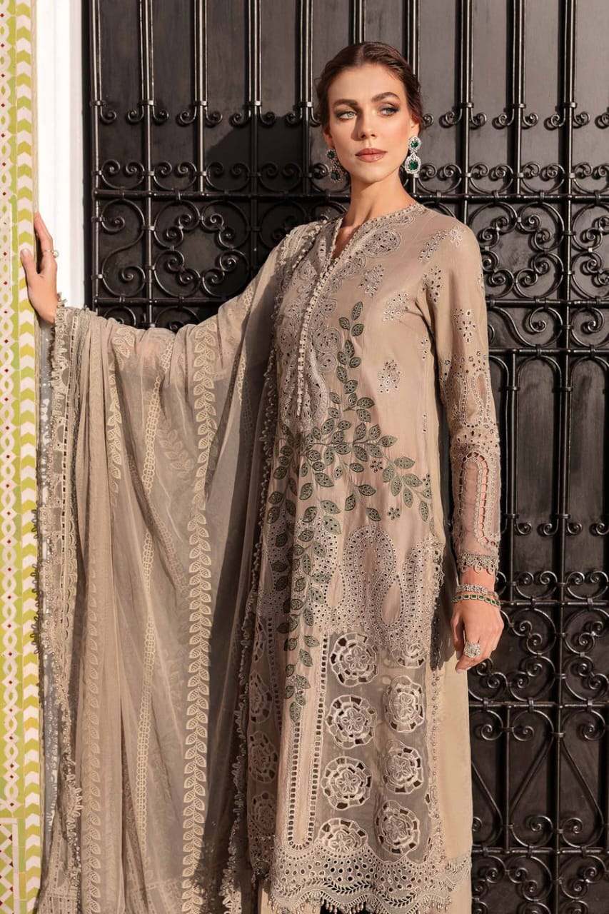 MB-2665 Lawn Unstitched Chiken Kari 3pc Suit With Organza Embroidered Dupatta