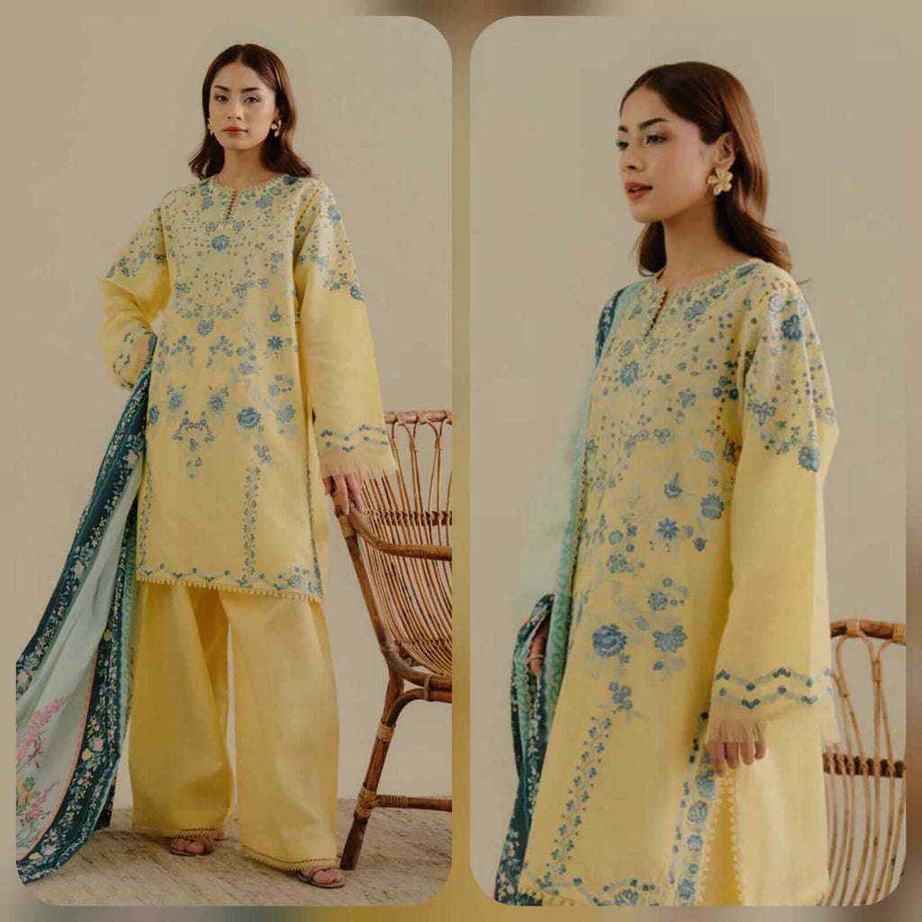 3 Piece Unstitched Heavy Embroidered Lawn Suit ( Printed Silk Dupatta )