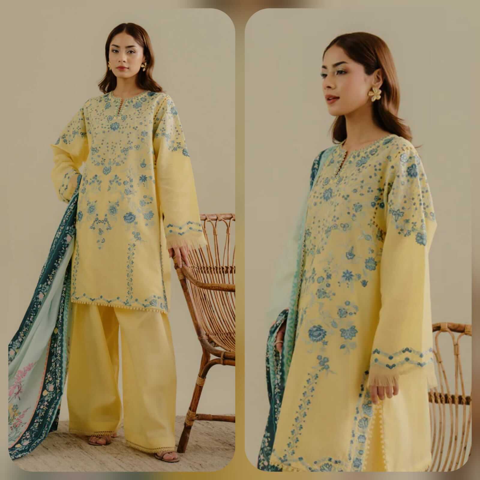 3 Piece Unstitched Heavy Embroidered Lawn Suit ( Printed Silk Dupatta )